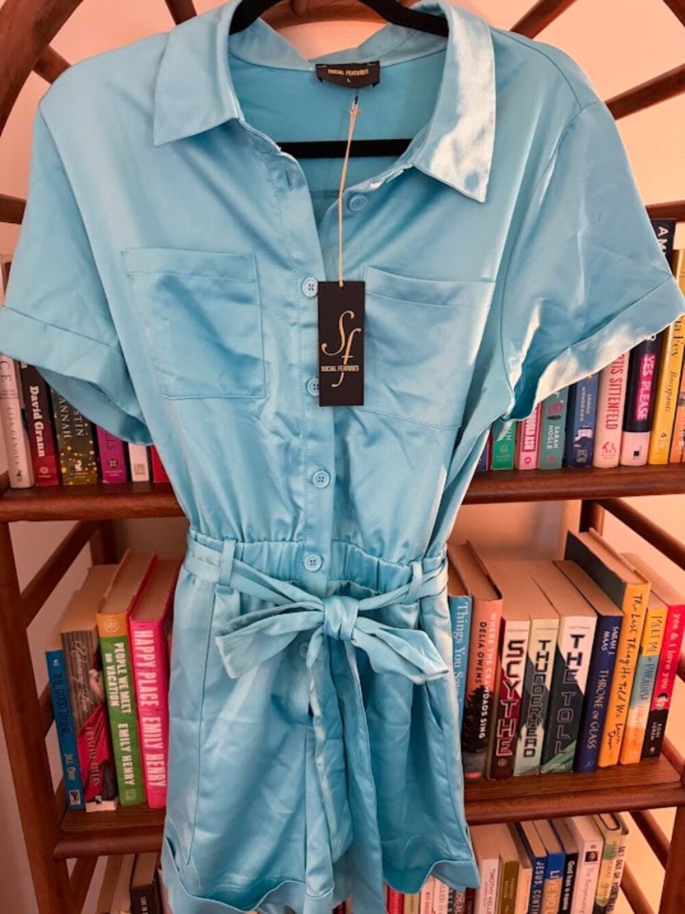 NWT Social Features Turquoise Satin Button Front Romper